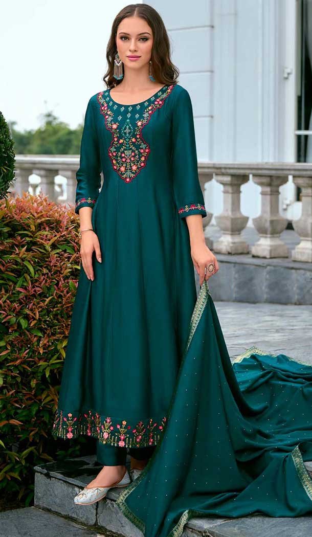 Teal Blue Blue Vichitra Silk Embroidered Readymade Salwar Suit - 10900196939