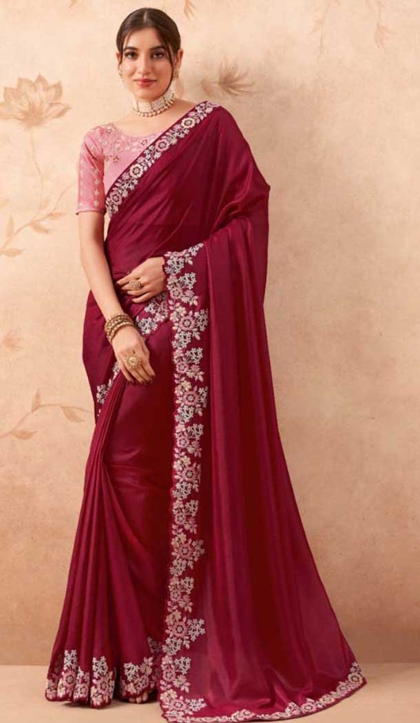Wine Art Silk Embroidered Party Wear Saree - 10809196265