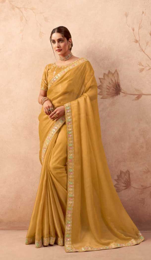 Mustard Art Silk Embroidered Party Wear Saree - 10809196267