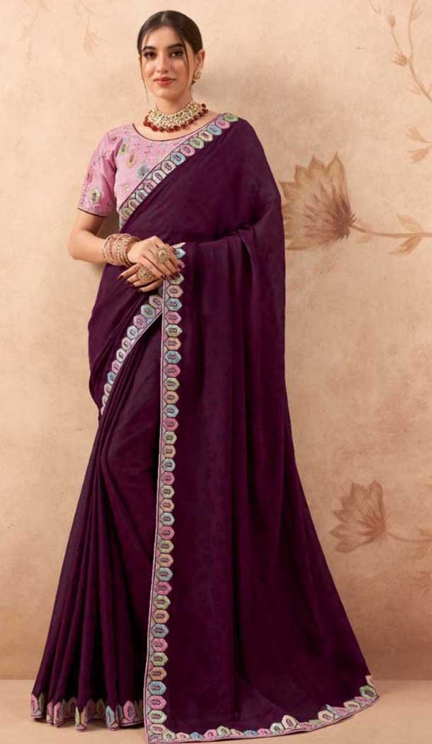Purple Art Silk Embroidered Party Wear Saree - 10809196268