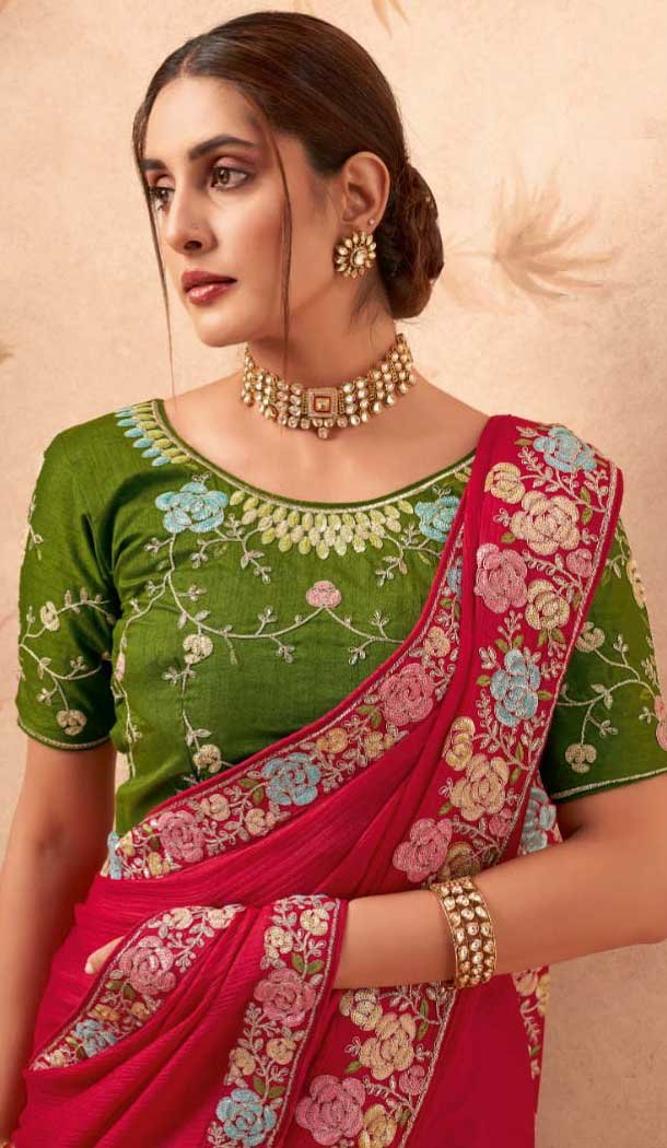 Red Art Silk Embroidered Party Wear Saree - 10809196270