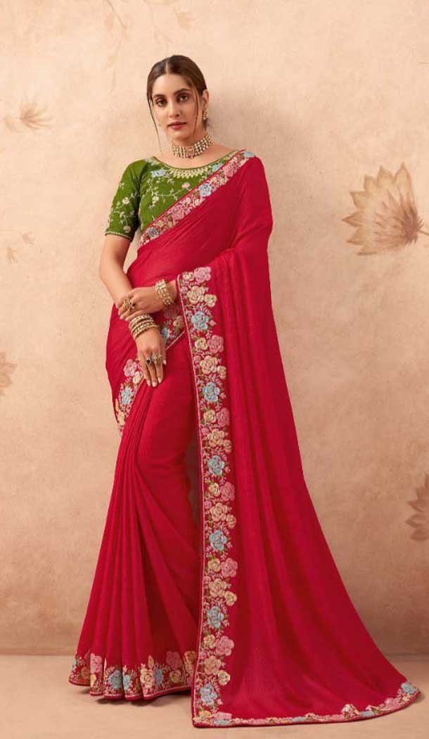 Red Art Silk Embroidered Party Wear Saree - 10809196270