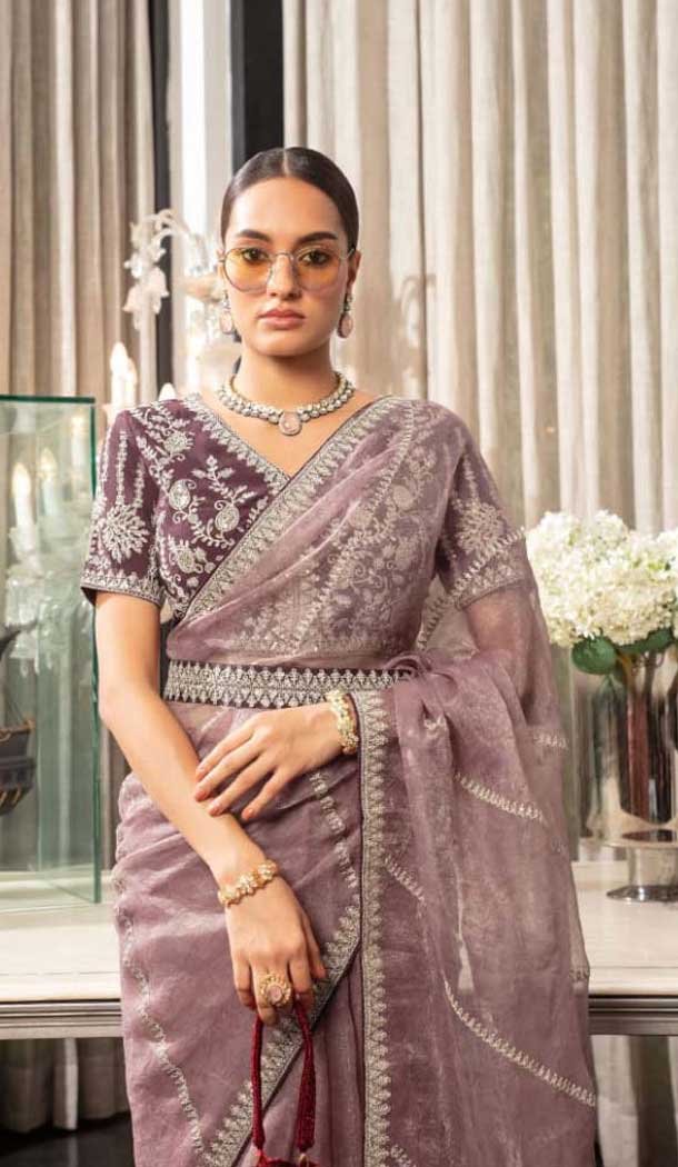 Organza Thread Work Designer Party Wear Saree In Lavender - 10814196298