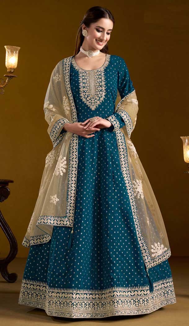Teal Blue Chanderi Butti Zari Work Anarkali Style Salwar Suit - 10816196308