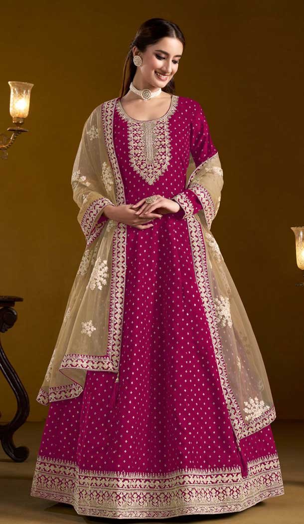 Rani Pink Chanderi Butti Zari Work Anarkali Style Salwar Suit - 10816196309