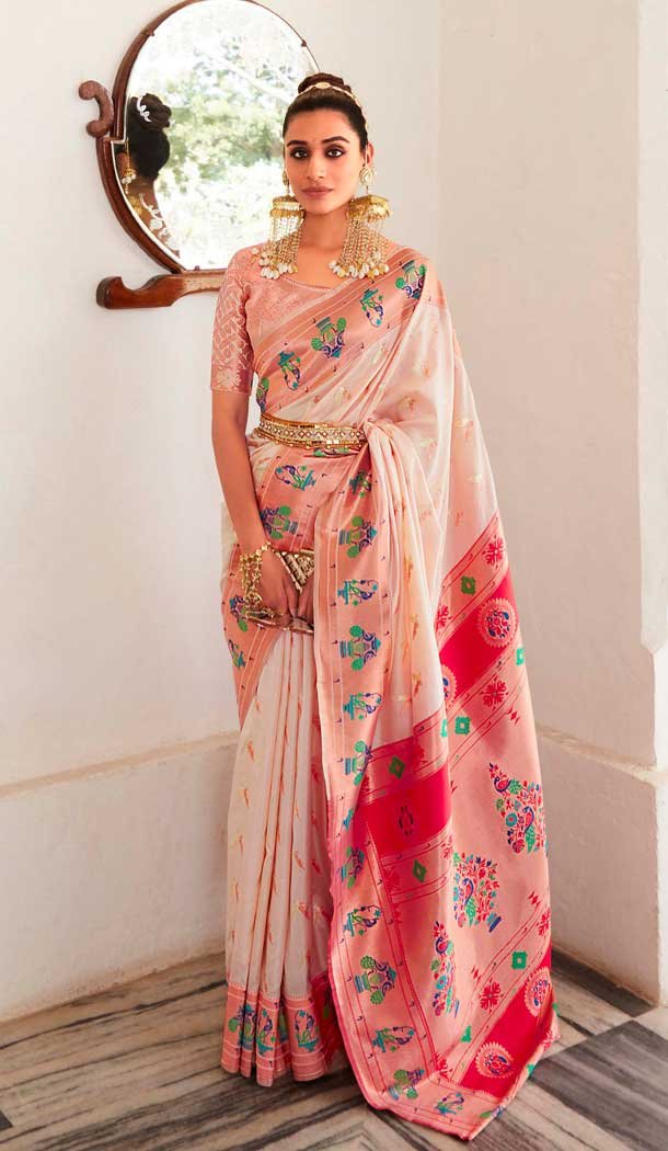 Peach Soft Silk Zari Work Traditional Wear Saree - 10861196691