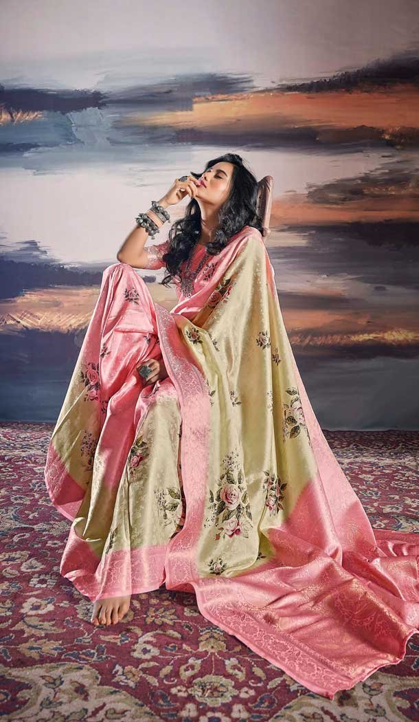 Beige Pratistha Silk Weaving Work Party Wear Saree - 10862196699