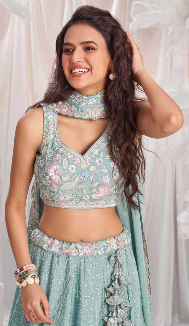 Sea Green Poly Chiffon Sequins Work Wedding Wear Lehenga Choli - 10892196876