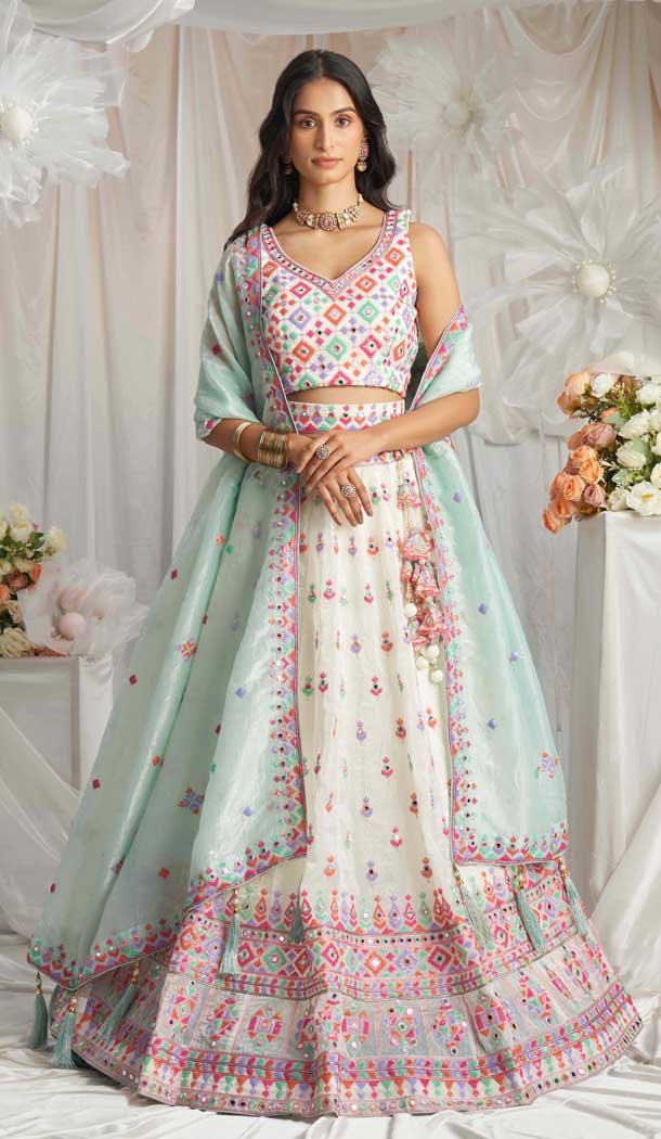 Cream Organza Sequins Work Wedding Wear Lehenga Choli - 10892196877