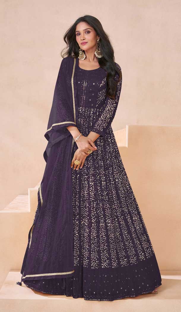 Georgette Embroidery Work Anarkali Salwar Suit In Purple - 10943197344
