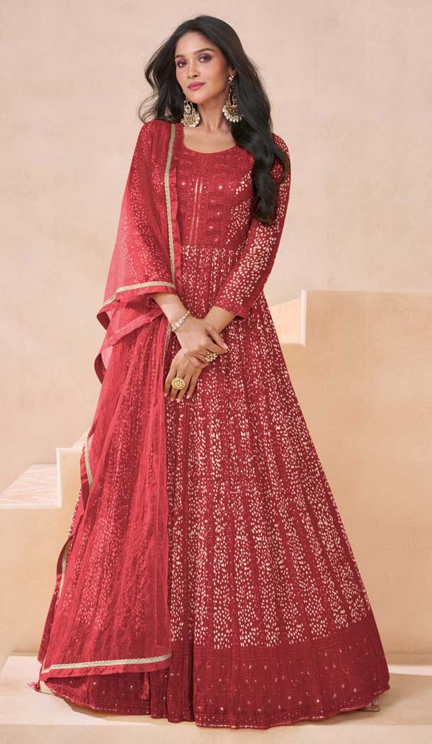 Georgette Embroidery Work Anarkali Salwar Suit In Red - 10943197346