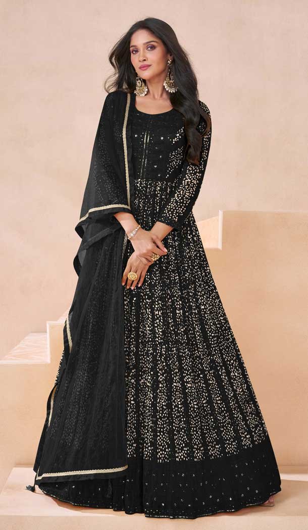 Georgette Embroidery Work Anarkali Salwar Suit In Black - 10943197347