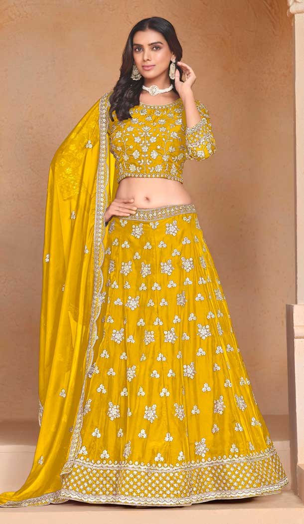 Yellow Organza Resham Work Traditional Wear Lehenga Choli - 10946197361