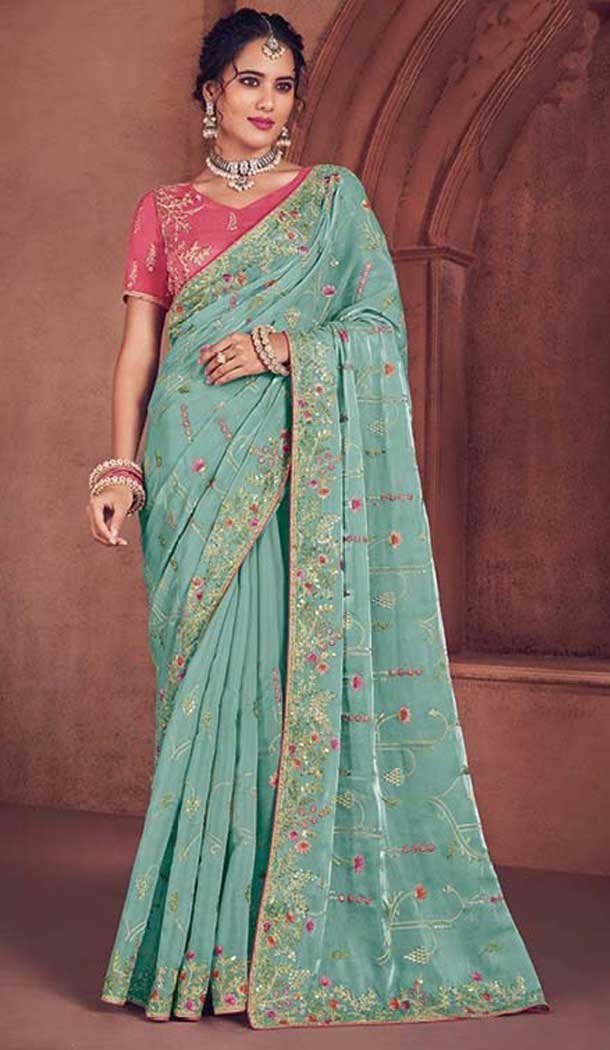 Sky Blue Organza Sequence Work Party Wear Saree - 10987197791