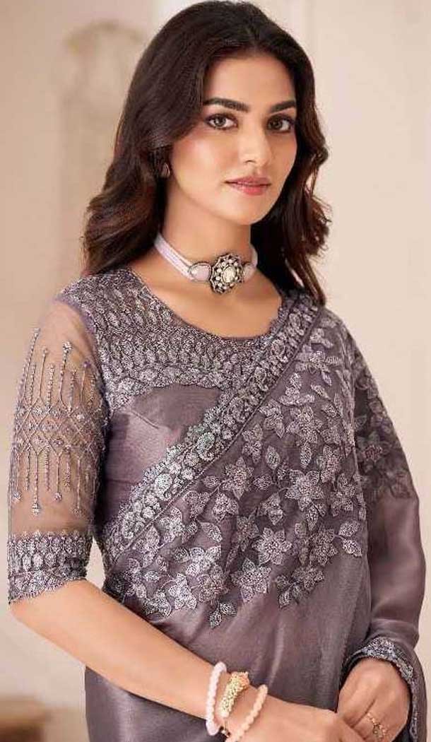 Satin Chiffon Resham Work Party Wear Saree In Mauve Purple - 10988197794