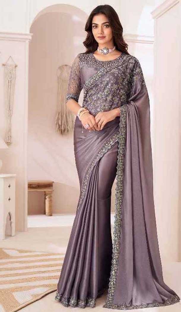 Satin Chiffon Resham Work Party Wear Saree In Mauve Purple - 10988197794