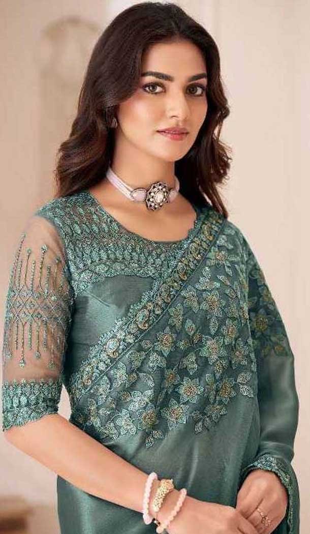 Satin Chiffon Resham Work Party Wear Saree In Mint Green - 10988197795