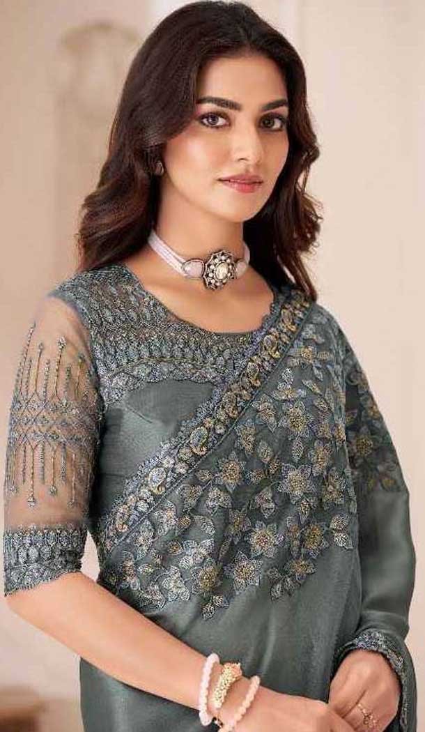 Satin Chiffon Resham Work Party Wear Saree In Grey - 10988197797