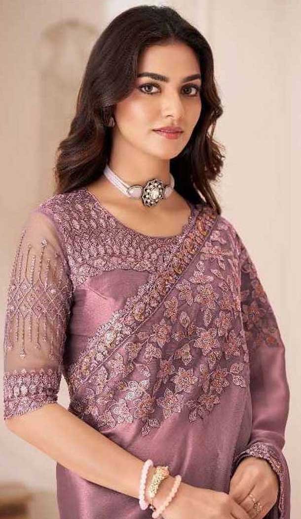 Satin Chiffon Resham Work Party Wear Saree In Mauve Pink - 10988197798