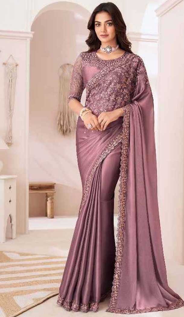 Satin Chiffon Resham Work Party Wear Saree In Mauve Pink - 10988197798