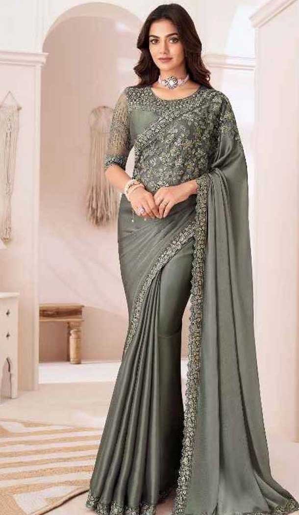 Satin Chiffon Resham Work Party Wear Saree In Dark Grey - 10988197799