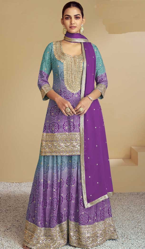 Purple Blue Chinon Sequins Work Palazzo Salwar Suit - 10940197332