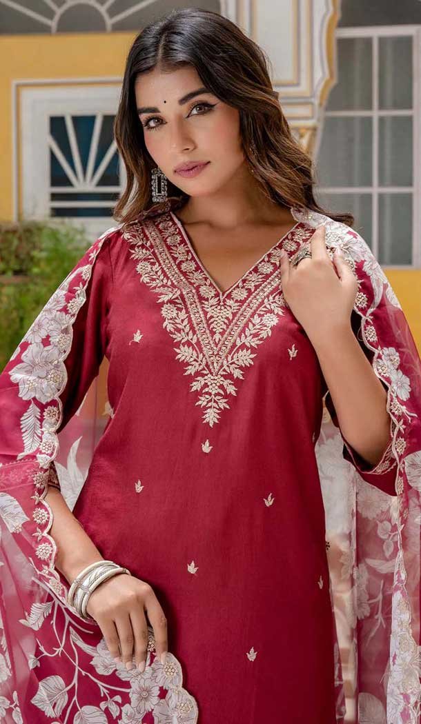 Rayon Embroidered Party Wear Salwar Suit In Maroon - 10959197548