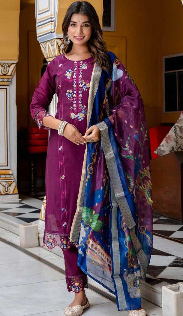 Roman Silk Embroidered Party Wear Salwar Suit In Purple - 10959197554