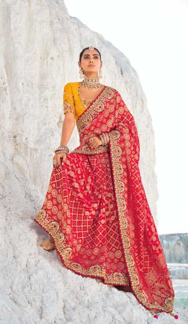 Georgette Bandhej Wedding Wear Saree In Red - 10972197657