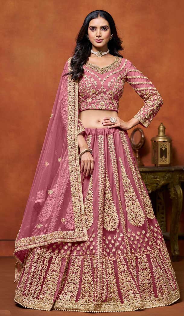 Pink Net Zari Work Wedding Wear Designer Lehenga Choli - 10989197800