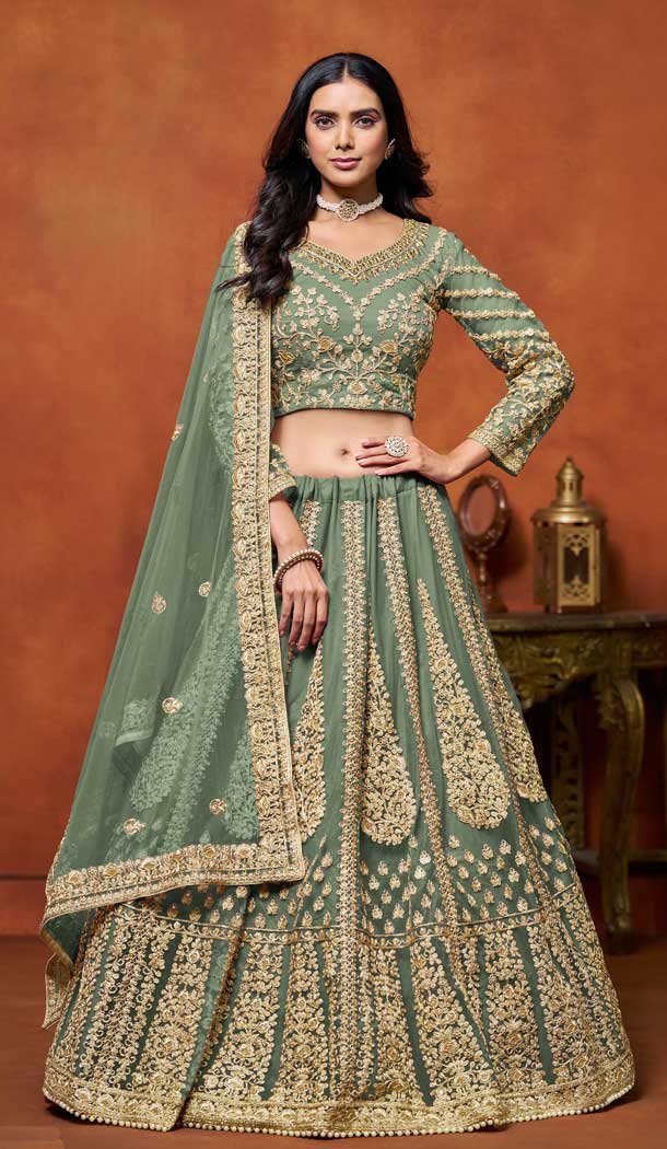 Sea Green Net Zari Work Wedding Wear Designer Lehenga Choli - 10989197801