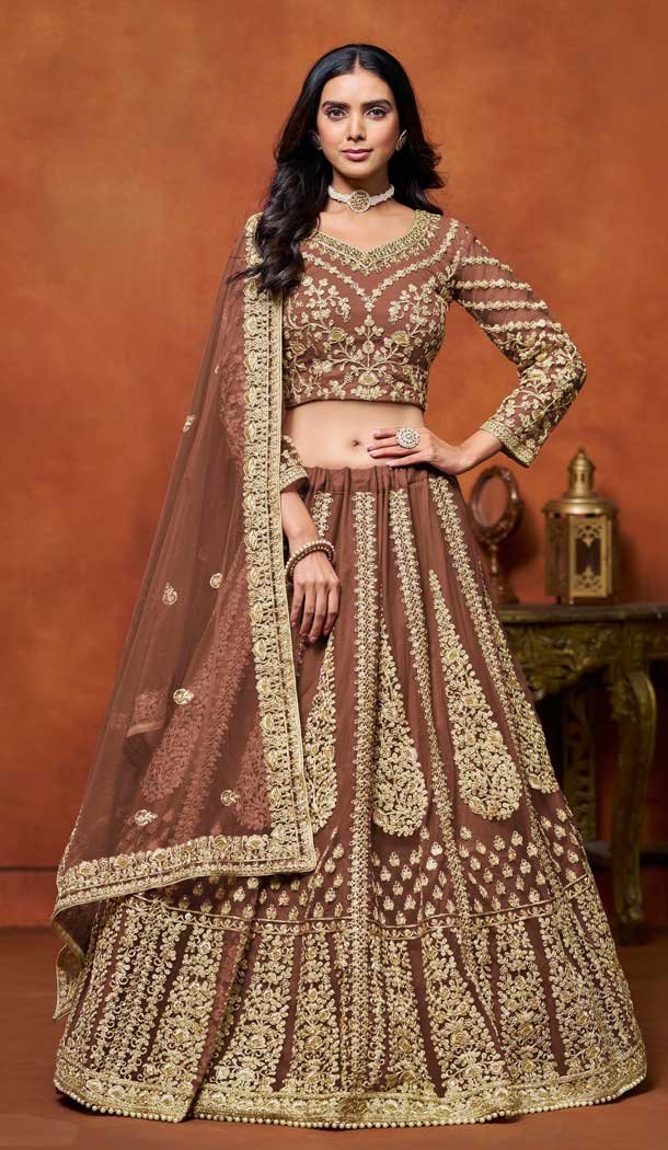 Brown Net Zari Work Wedding Wear Designer Lehenga Choli - 10989197803
