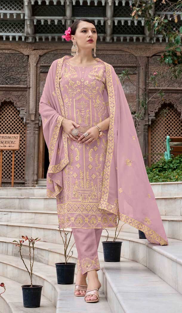 Georgette Embroidered Party Wear Salwar Suit In Lavender - 11073198600