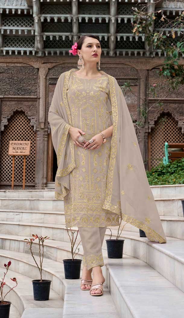 Georgette Embroidered Party Wear Salwar Suit In Beige - 11073198602