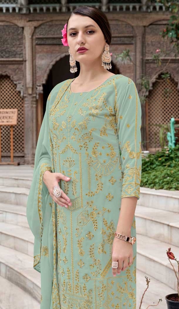 Georgette Embroidered Party Wear Salwar Suit In Sea Green - 11073198603