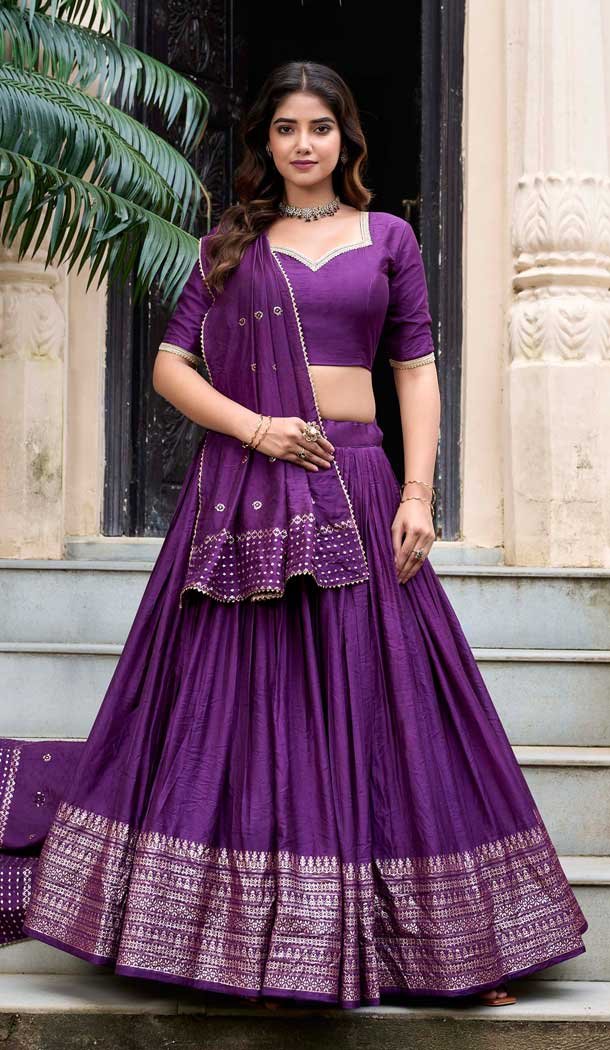 Dark Purple Chanderi Plain Traditional Party Wear Lehenga Choli - 11082198678