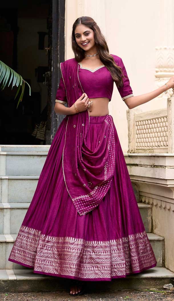 Wine Chanderi Plain Traditional Party Wear Lehenga Choli - 11082198680