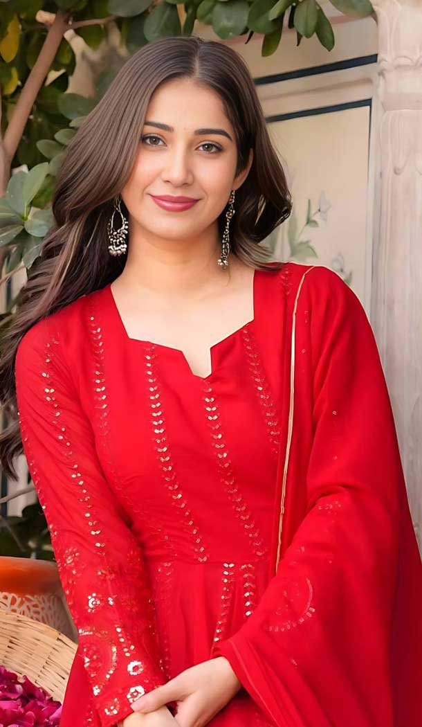 Faux Georgette Embroidered Anarkali Style Salwar Kameez In Red - 11084198685