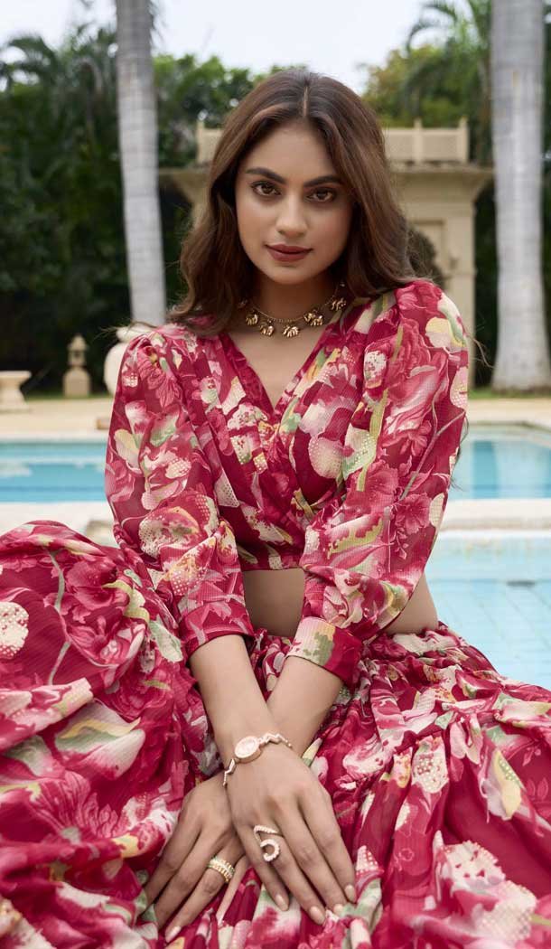 Georgette Floral Print Work Party Wear Lehenga Choli In Maroon - 11055198442