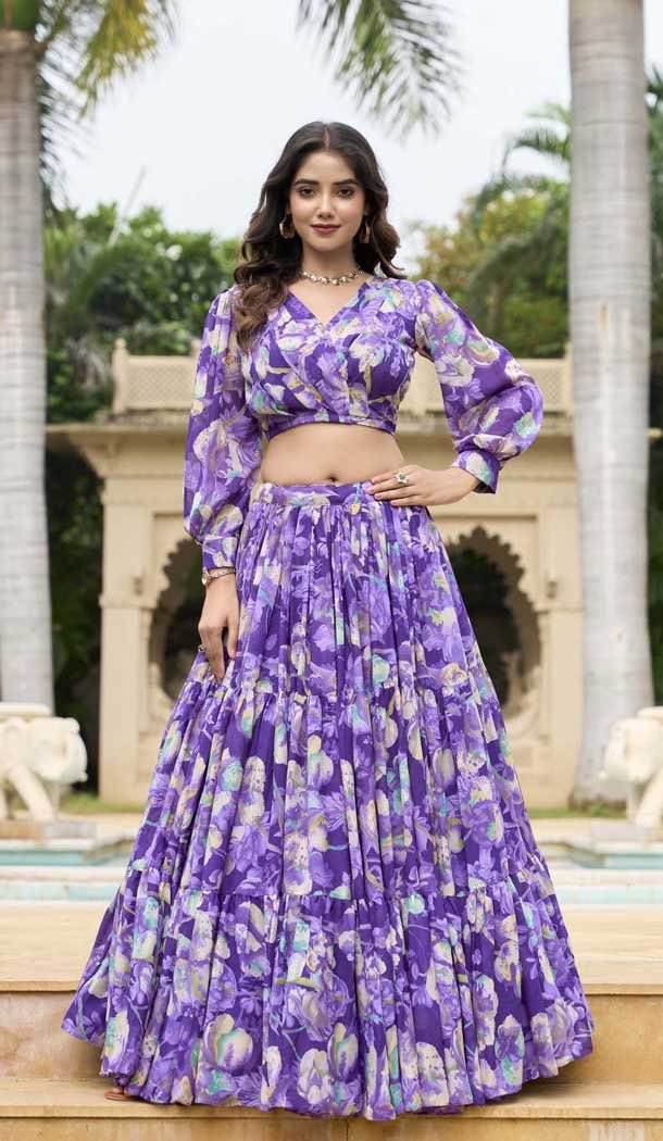 Georgette Floral Print Work Party Wear Lehenga Choli In Purple - 11055198443