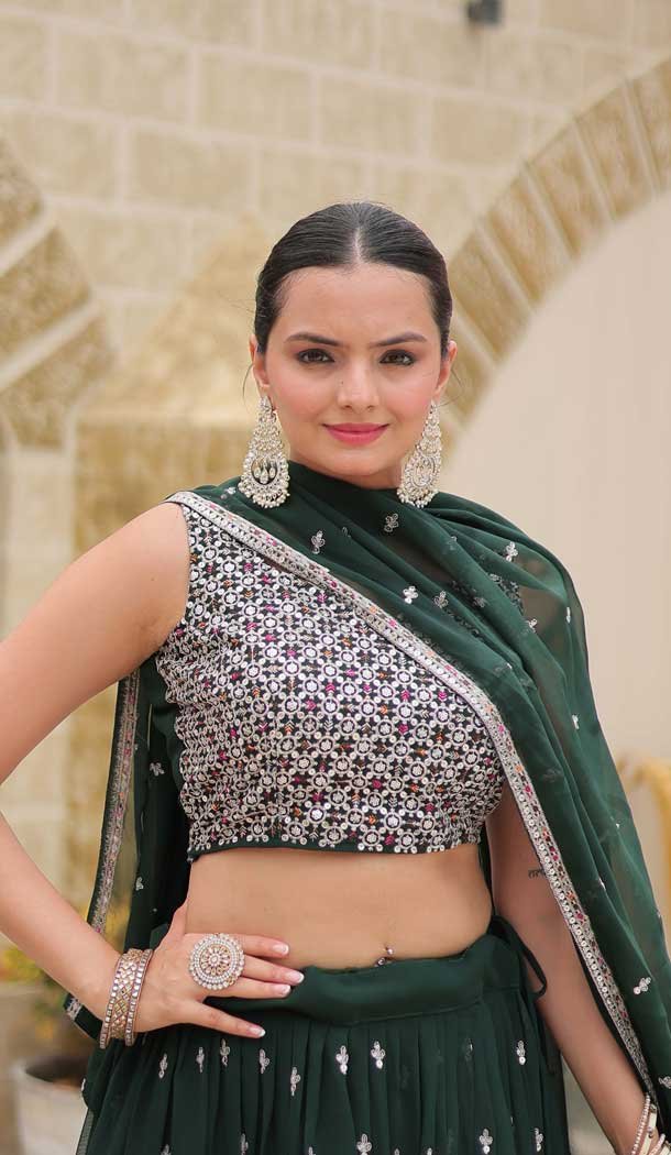Faux Georgette Resham Work Party Wear Lehenga Choli In Green - 11062198489