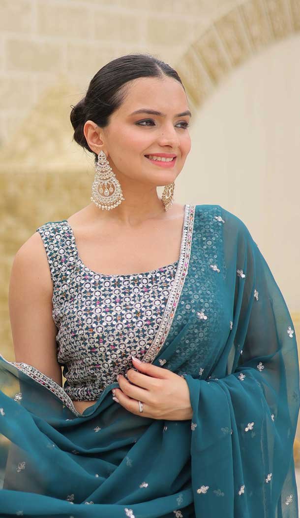 Faux Georgette Resham Work Party Wear Lehenga Choli In Rama Blue - 11062198490