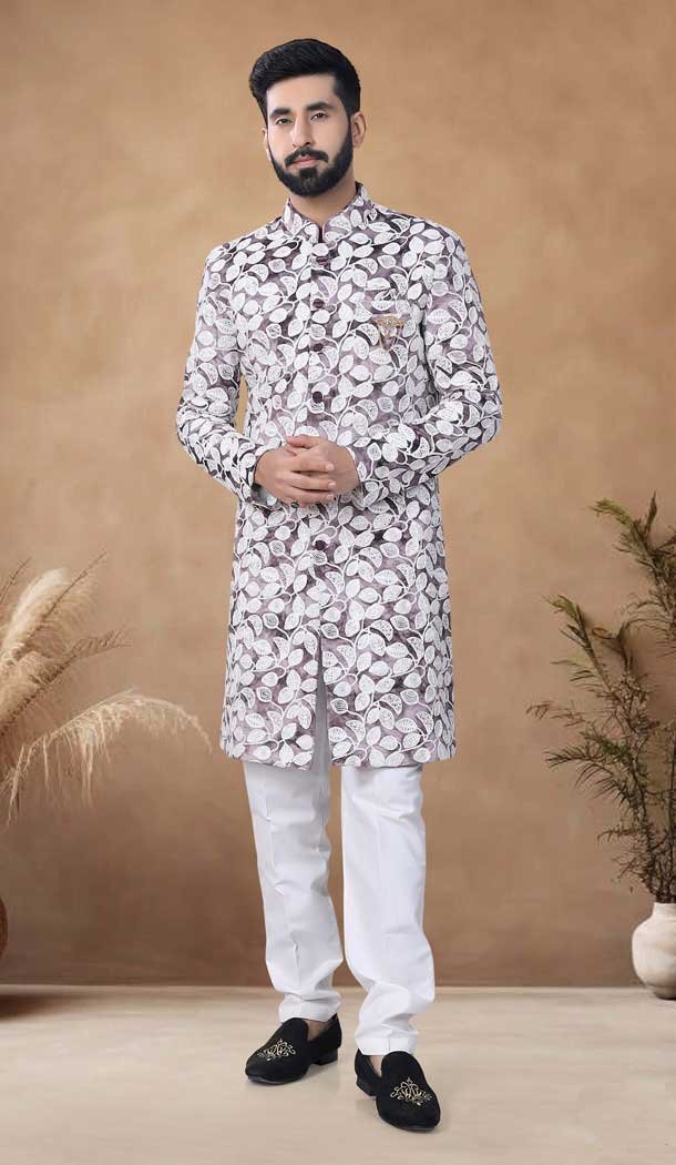Wine Velvet Resham Work Mens Semi Indo Western - 11057198450