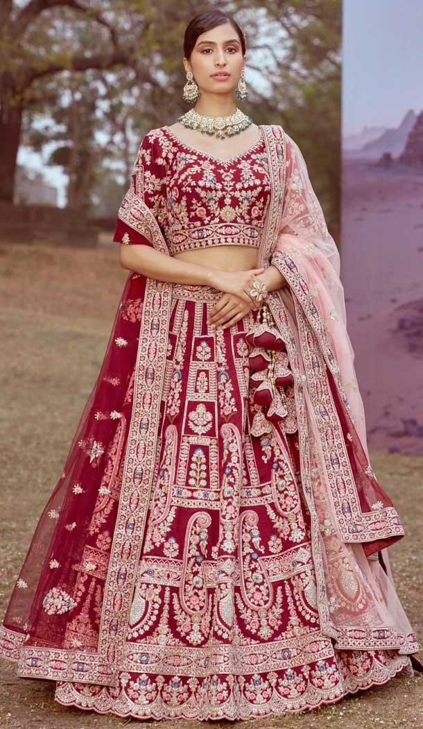 Maroon Silk Stone Beads Work Wedding Wear Lehenga Choli - 11072198581