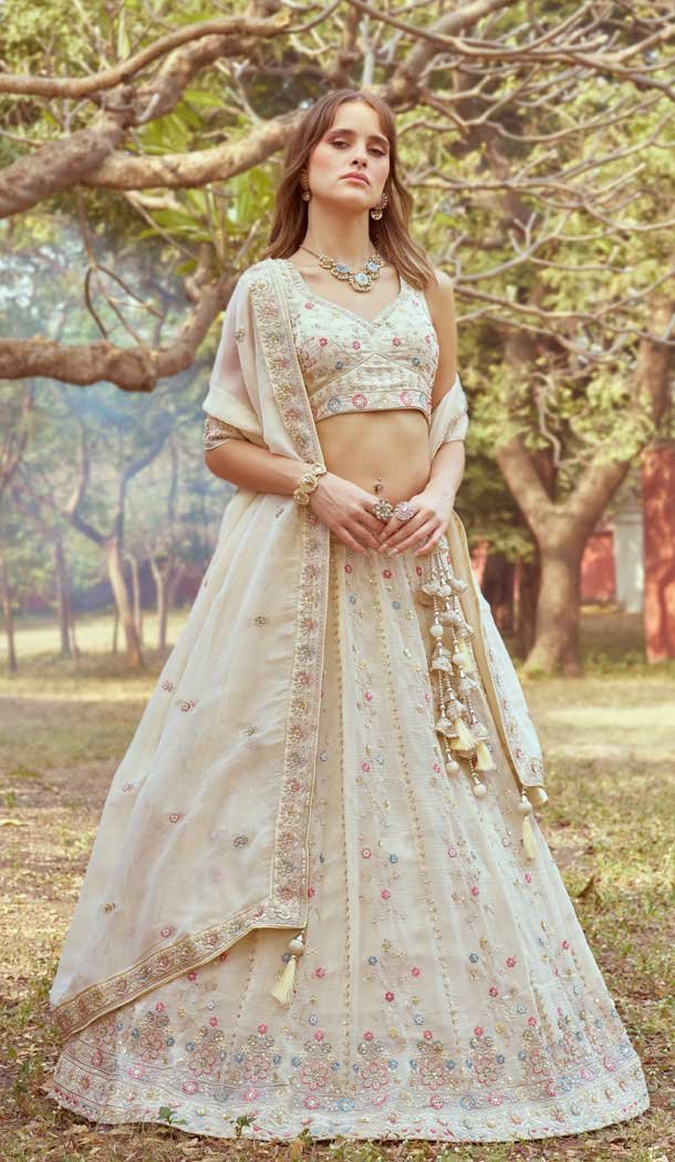 Cream Tissue Sequins Work Wedding Wear Lehenga Choli - 11072198595