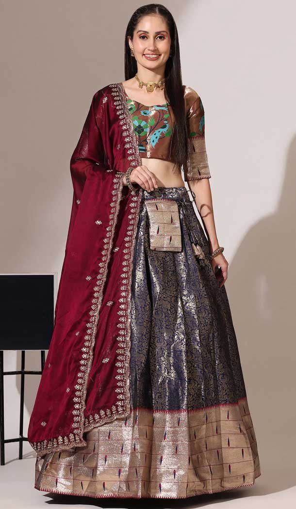 Navy Blue Lichi Silk Weaving Work Traditional Wear Lehenga Choli - 11092198742