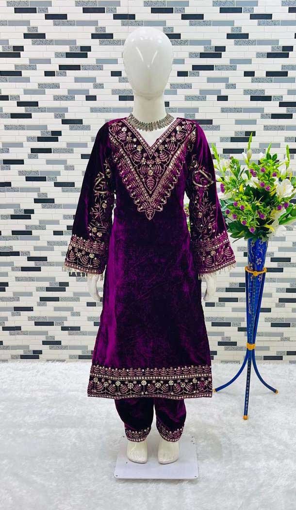 Purple Velvet Embroidery Work Party Wear Readymade Kids Salwar Suit - 11131199063