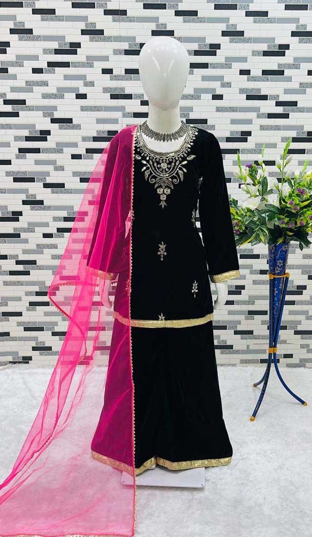 Velvet Embroidery Work Party Wear Readymade Kids Salwar Suit In Black - 11131199064