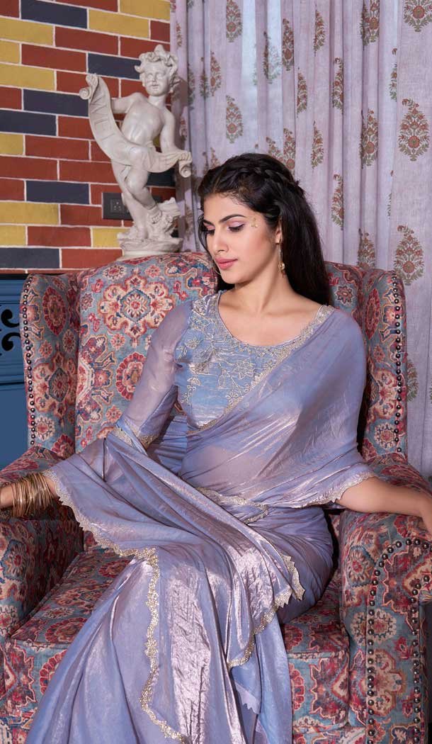 Grey Satin Silk Hand Work Traditional Party Wear Saree - 11214199665