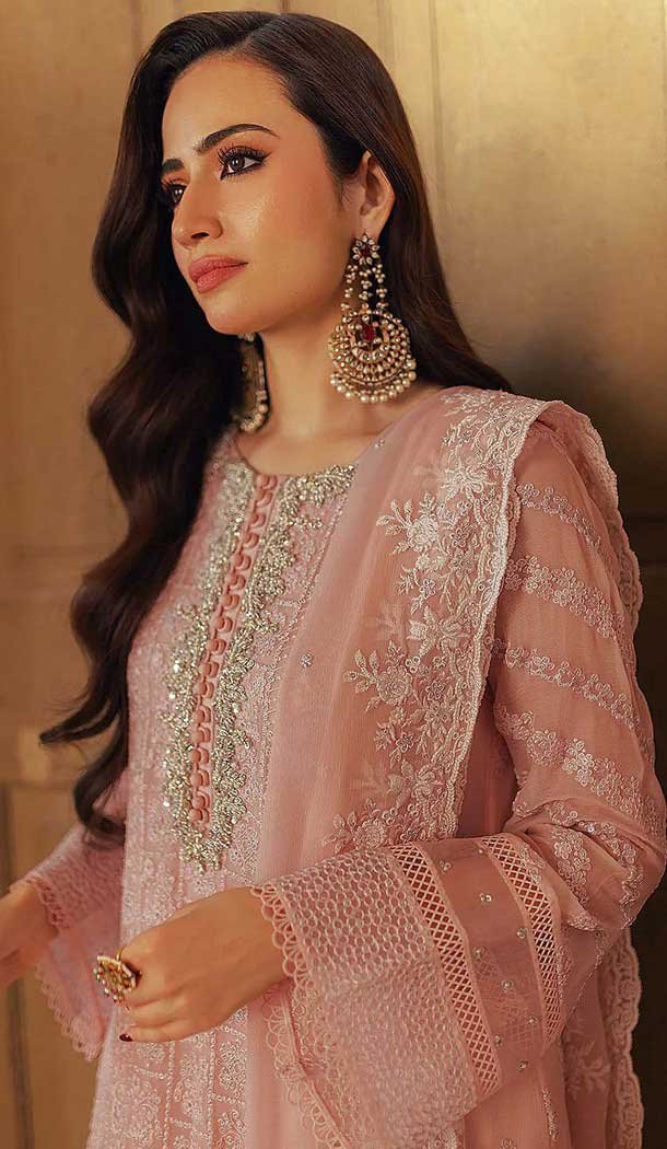 Faux Georgette Embroidered Pakistani Style Salwar Suit In Baby Pink - 11054198438